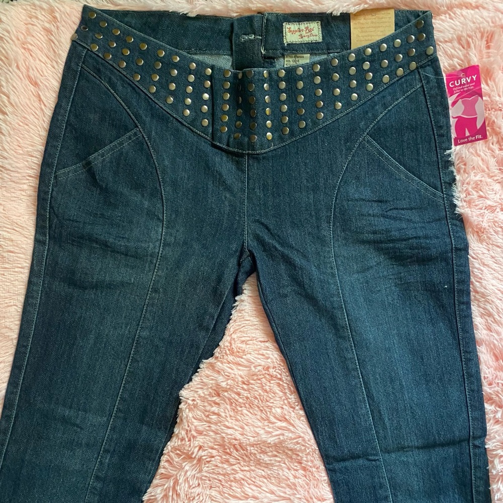Sapphire Red Blue Jeans with Round Metal Waist Details